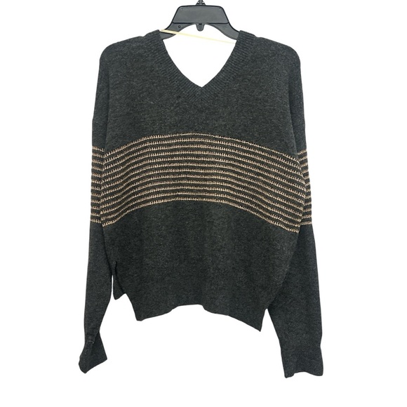 Democracy Metallic Stripe V Neck Sweater Size Large Gray Rose Gold - Picture 3 of 7